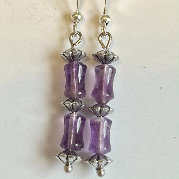 Lavender Purple Amethyst Bead Earrings Silver Plated Dangle Semiprecious - Picture 2 of 9